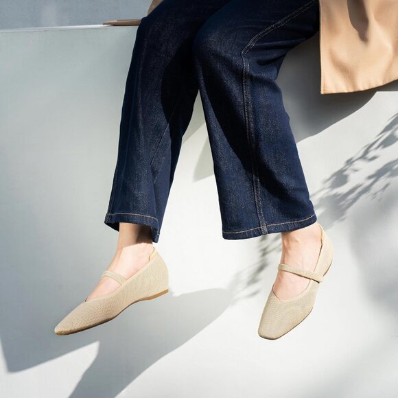 Women Nude Knit Square Toe Arch Support and Concealed Low Wedge Ballet Flats - Picture 7 of 8